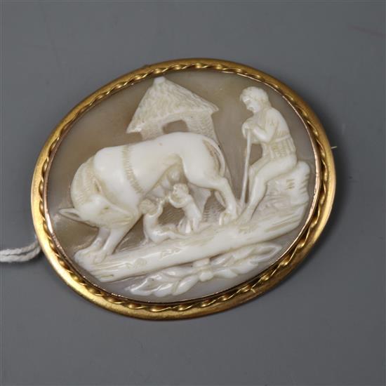 A Italian Romulus and Remus shell cameo brooch,